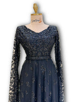 Load image into Gallery viewer, Black dress, hand-beaded with flow-to-the-floor sleeves