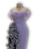 Load image into Gallery viewer, Lilac crepe dress, off-shoulder. 3D-floral attached-skirt.