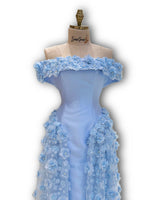 Load image into Gallery viewer, Sky-blue off-shoulder mikado dress. 3D-floral attached skirt.