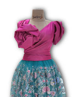 Load image into Gallery viewer, Double-cloche dress, sequins flower with luxurious shantung