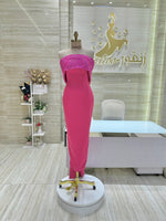 Load image into Gallery viewer, A vibrant red, double-cloche dress with a daring off-shoulder cut, ideal for a night out.