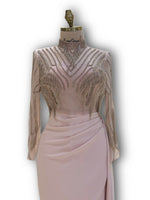 Load image into Gallery viewer, Nude-pink dress, crepe with a hand-made bodice, and long sleeves.