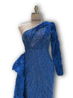 Load image into Gallery viewer, Handmade dress, striking blue color, long design with single sleeve.