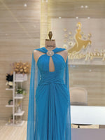 Load image into Gallery viewer, Cape sleeves sky-blue stretch dress