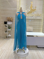 Load image into Gallery viewer, Cape sleeves sky-blue stretch dress