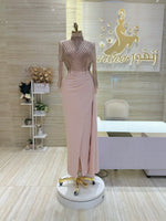 Load image into Gallery viewer, Nude-pink dress, crepe with a hand-made bodice, and long sleeves.