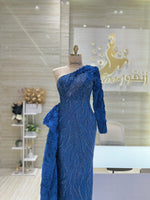 Load image into Gallery viewer, Handmade dress, striking blue color, long design with single sleeve.