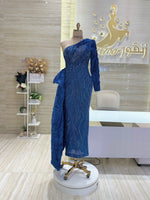 Load image into Gallery viewer, Handmade dress, striking blue color, long design with single sleeve.