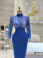 Load image into Gallery viewer, A soft peach, single-cloche dress with elegant sleeves, perfect for a family gathering.