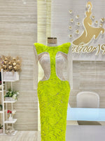 Load image into Gallery viewer, A soft pink, off-the-shoulder dress with delicate lace details, perfect for an engagement party.