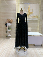 Load image into Gallery viewer, Black dress, hand-beaded with flow-to-the-floor sleeves