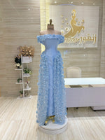 Load image into Gallery viewer, Sky-blue off-shoulder mikado dress. 3D-floral attached skirt.