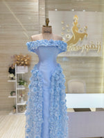 Load image into Gallery viewer, Sky-blue off-shoulder mikado dress. 3D-floral attached skirt.