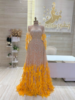 Load image into Gallery viewer, Fully-beaded orange dress. Feather skirt and sleeves.