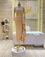 Load image into Gallery viewer, A captivating mauve, double-cloche dress with a flattering waistline, perfect for a special occasion.exclamation