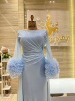 Load image into Gallery viewer, A unique, blue, single-cloche dress crafted with love, perfect for a family gathering.