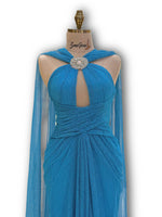 Load image into Gallery viewer, Cape sleeves sky-blue stretch dress
