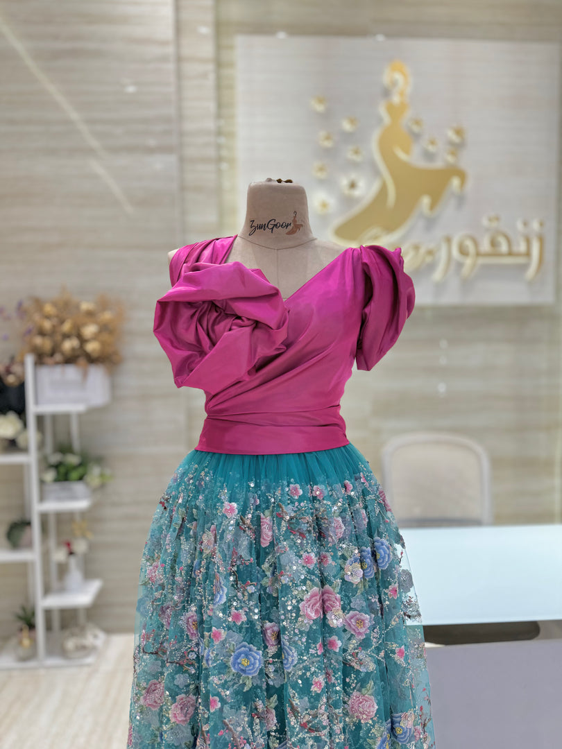 Double-cloche dress, sequins flower with luxurious shantung