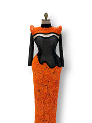 A stunning gold, off-the-shoulder maxi dress with a flowing skirt, perfect for a summer evening party.