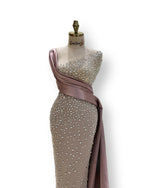 Load image into Gallery viewer, A captivating mauve, double-cloche dress with a flattering waistline, perfect for a special occasion.exclamation
