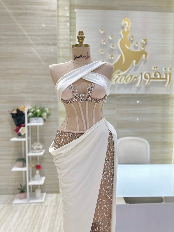 Custom-made party dress designed to flatter your figure.