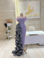 Load image into Gallery viewer, Lilac crepe dress, off-shoulder. 3D-floral attached-skirt.
