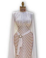 A shimmering, silver, sleeveless gown with a flowing skirt, perfect for a formal event.exclamation