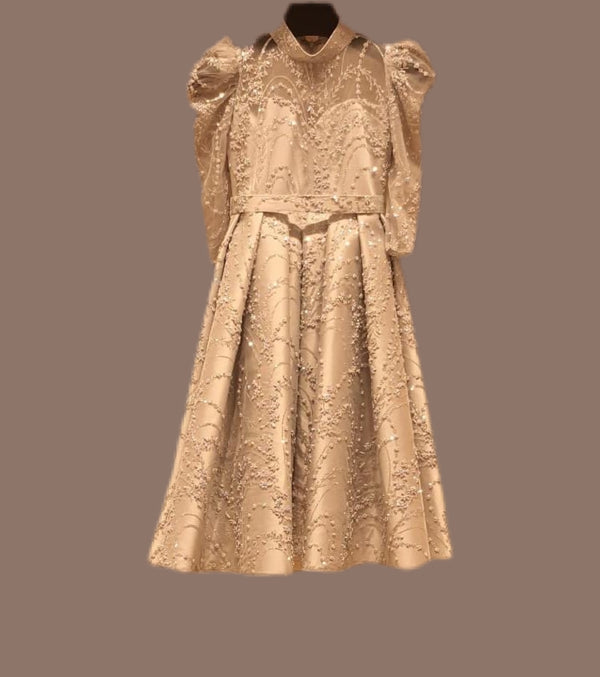 A soft peach, single-cloche dress with elegant sleeves, perfect for a family gathering.